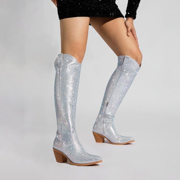 Women's Silver Rhinestone Sparkly Over Knee Pointed Toe Chunky High Heel Boots - Picture 5 of 8